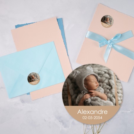 Étiquettes autocollante rondes avec photo pour célébration de naissance, faire-parts, enveloppes, cadeaux, papeterie