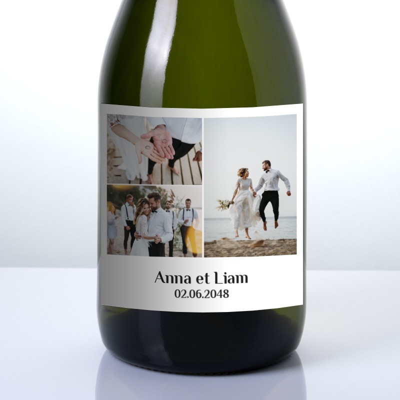 Étiquettes autocollantes avec photos triptyque pour bouteilles de mariage