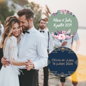 Étiquette rondes avec fond floral et art déco pour faire-parts et invitation et papeterie de la célébration des mariages