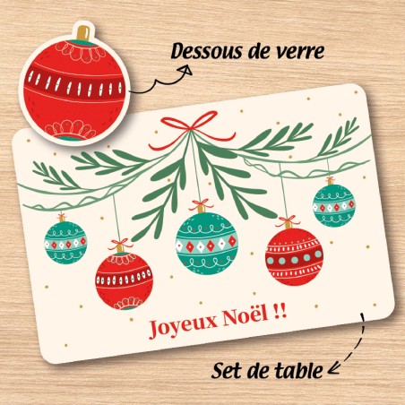 Set de table et dessous de verre "Boules de Noël"