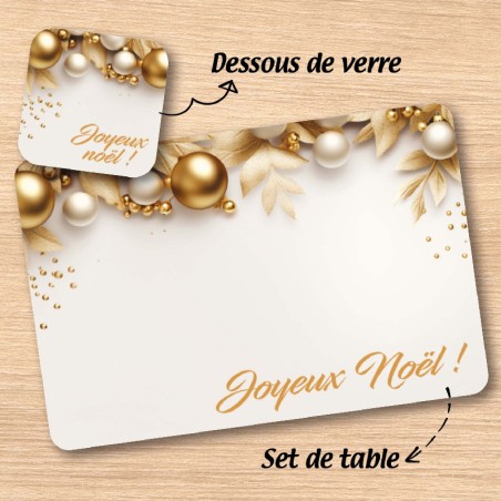 Set de table et dessous de verre "Boules en or de Noël"