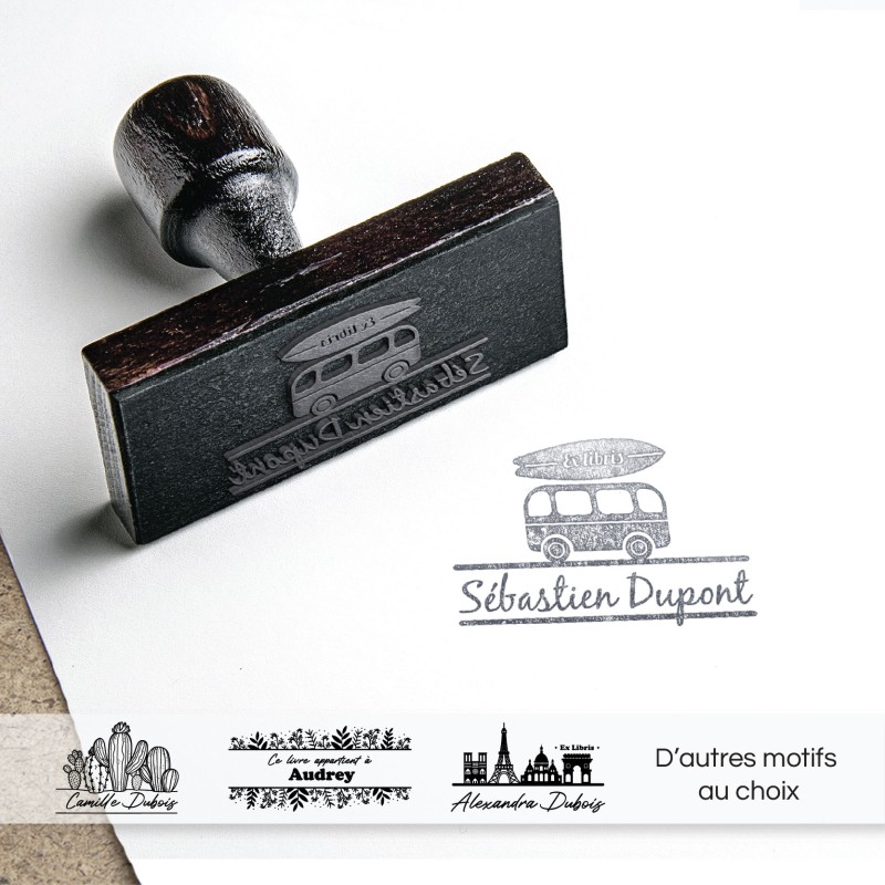 Tampon en bois rectangle personnalisable encre mariage, baptême, naissance, ex-libris, livre et enveloppes