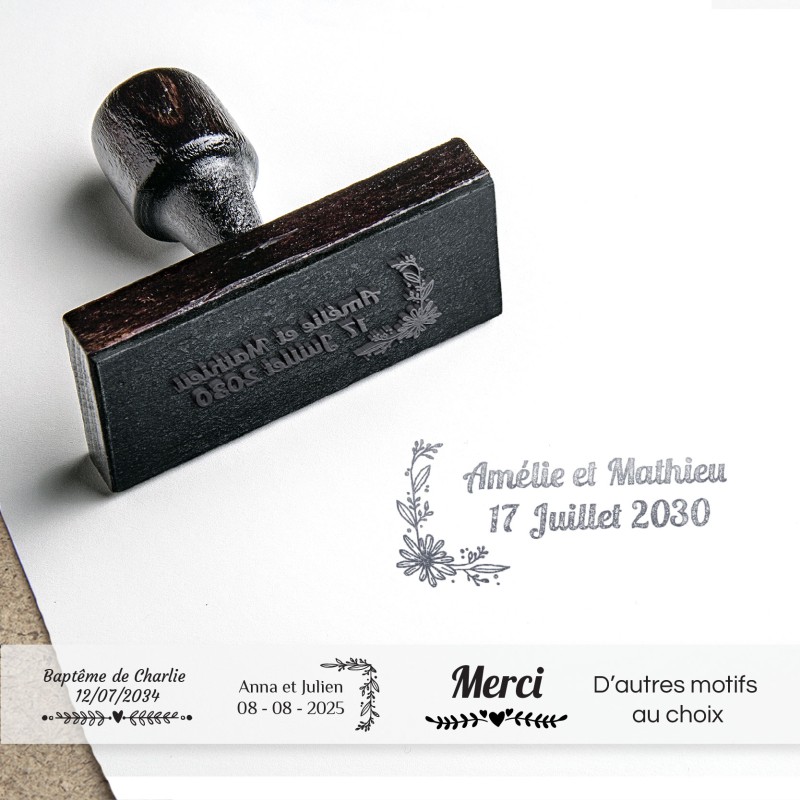 Tampon en bois rectangle personnalisable encre mariage, baptême, naissance, ex-libris, livre et enveloppes