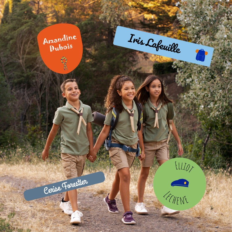Pack scout et guides étiquettes autocollantes et thermocollantes pour objets et vêtements